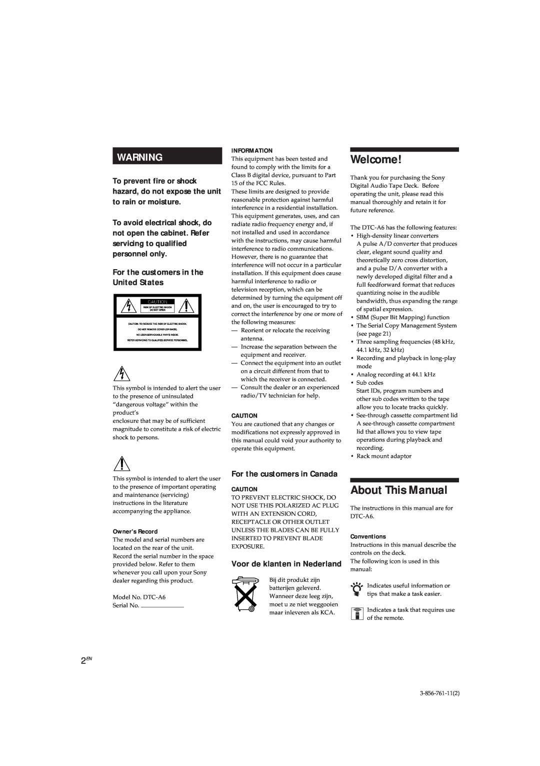 Sony DTC-A6 operating instructions Welcome, About This Manual, For the customers in the United States 