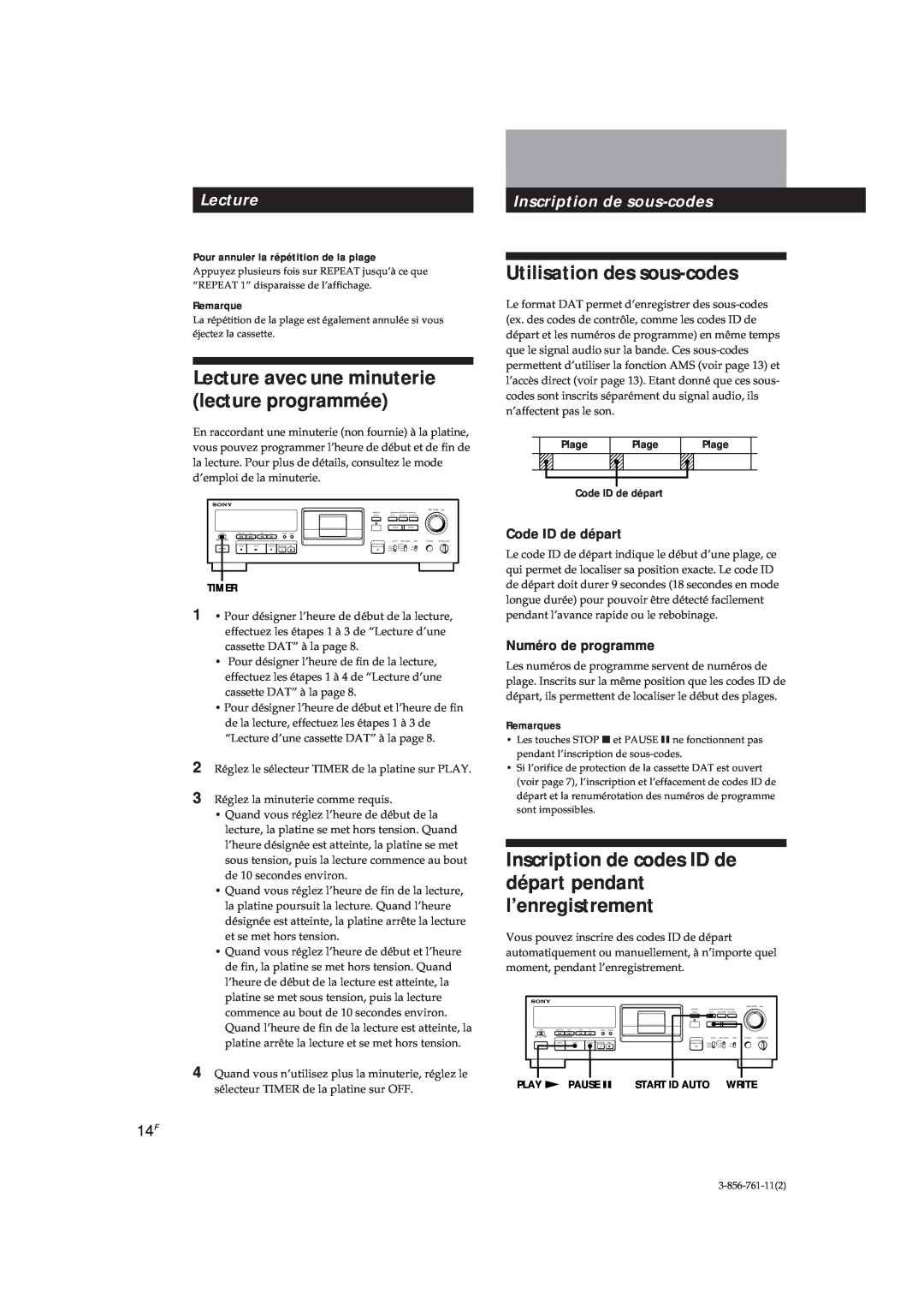 Sony DTC-A6 Utilisation des sous-codes, Lecture avec une minuterie lecture programmée, Inscription de sous-codes, Remarque 
