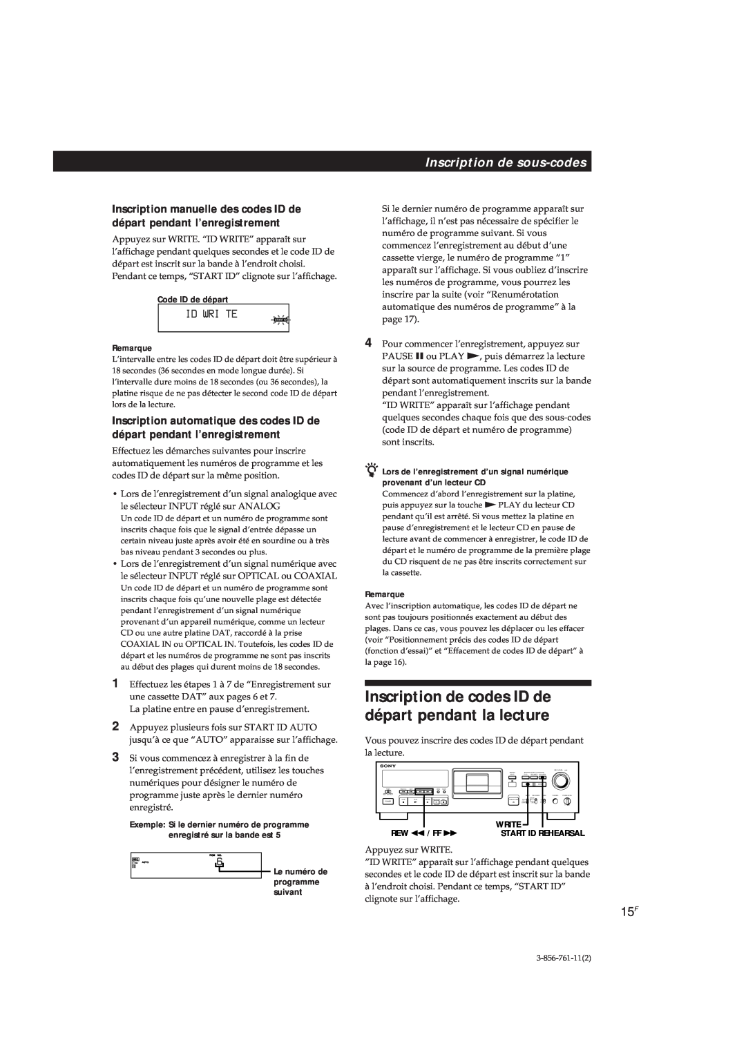Sony DTC-A6 operating instructions Inscription de sous-codes, Id Wri Te 