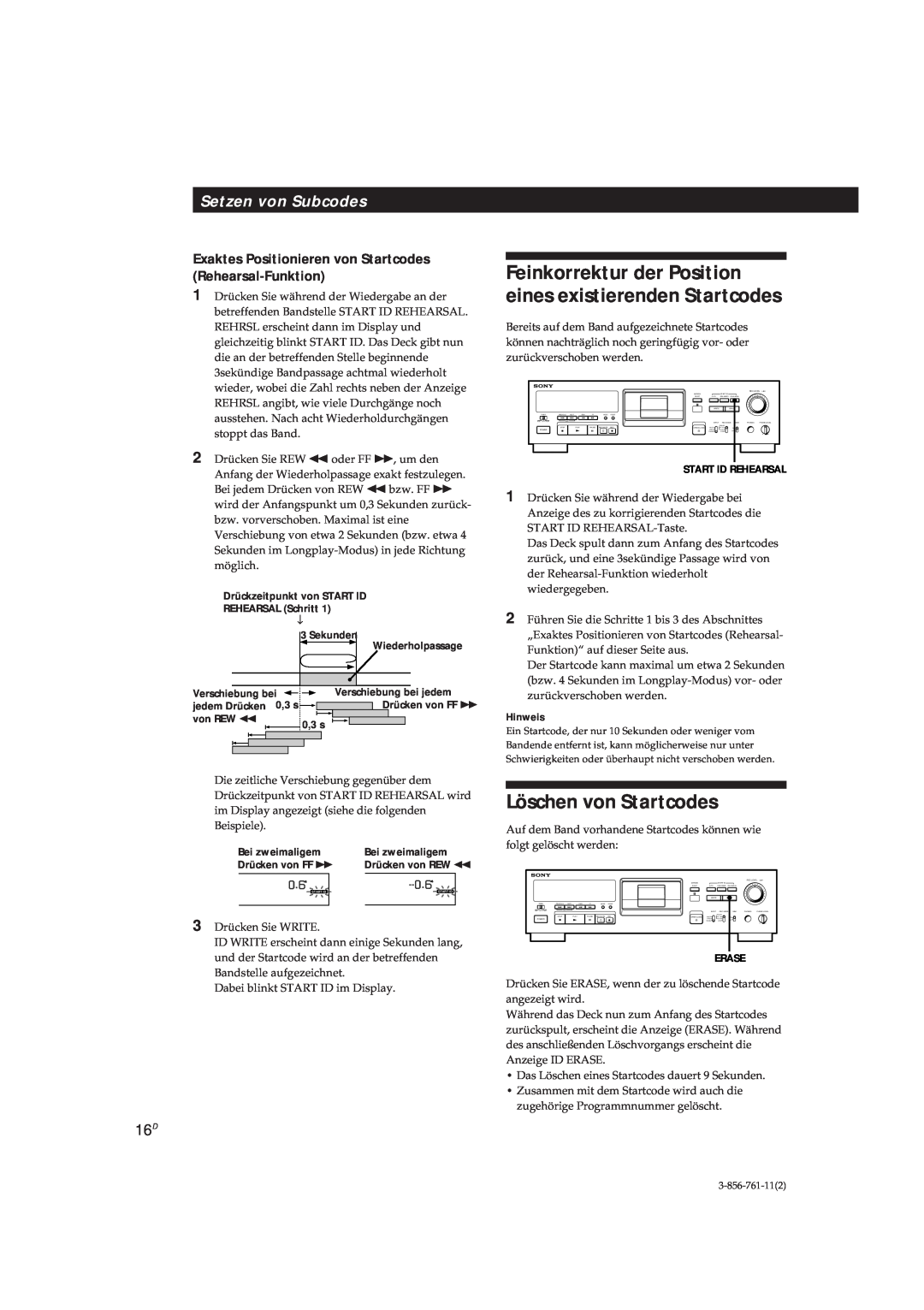 Sony DTC-A6 operating instructions Löschen von Startcodes, Setzen von Subcodes, 0.6S, Hinweis 