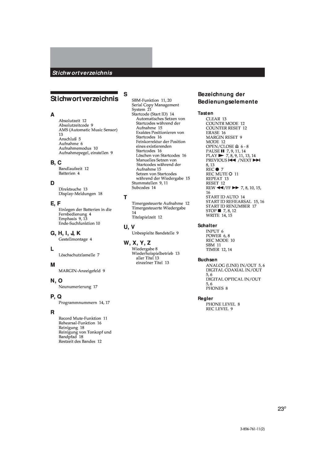 Sony DTC-A6 Stichwortverzeichnis, B, C, E, F, G, H, I, J, K, W, X, Y, Z, Bezeichnung der Bedienungselemente, N, O, P, Q 
