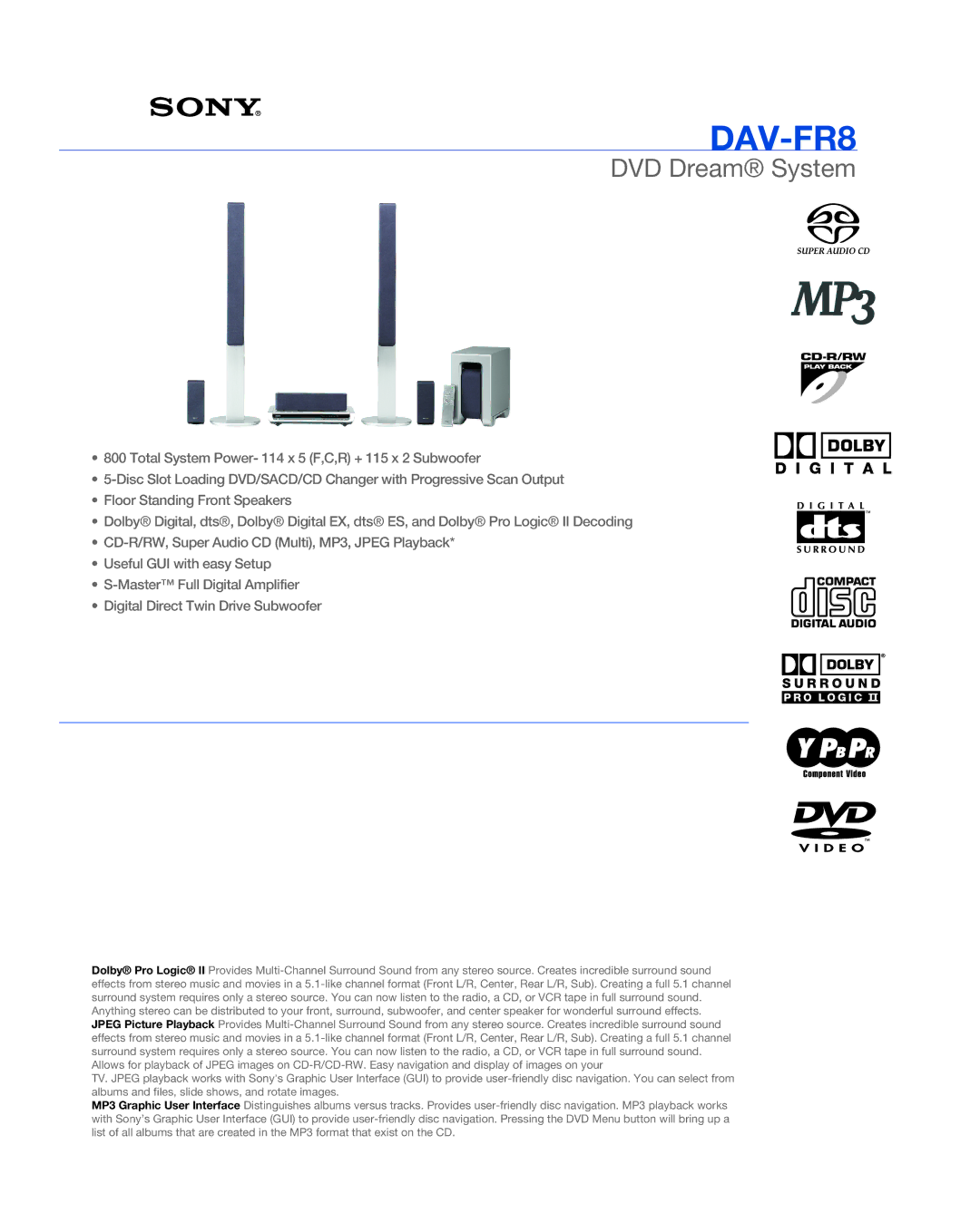 Sony DAV-FR8, DVD DREAM SYSTEM manual DVD Dream System 