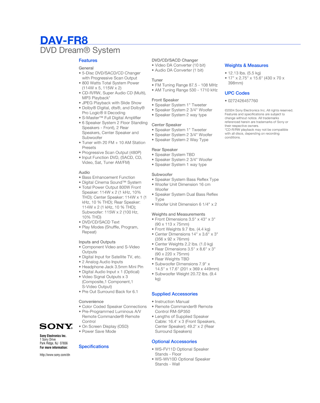 Sony DVD DREAM SYSTEM Features, Specifications, Supplied Accessories, Optional Accessories, Weights & Measures, UPC Codes 