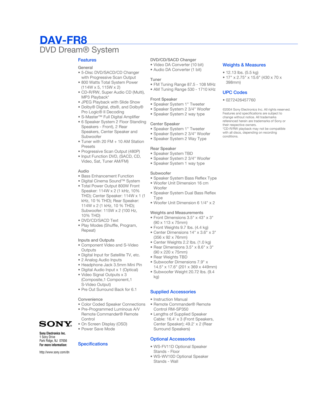 Sony DVD DREAM SYSTEM DAV-FR8, DVD Dream System, Features, Specifications, Supplied Accessories, Optional Accessories 