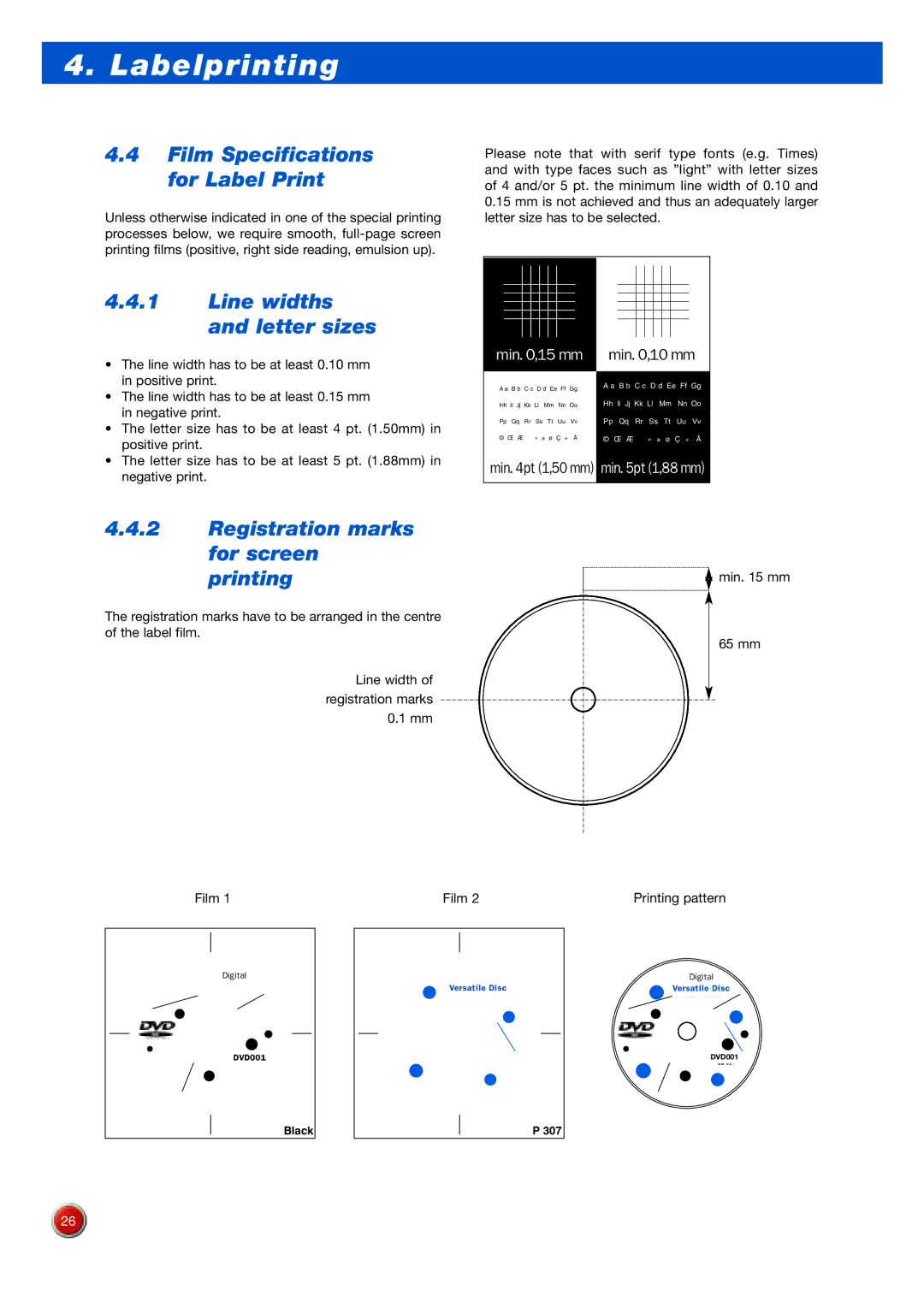 Sony DVD Rom/DVD Video manual Film Specifications for Label Print, Line widths and letter sizes 