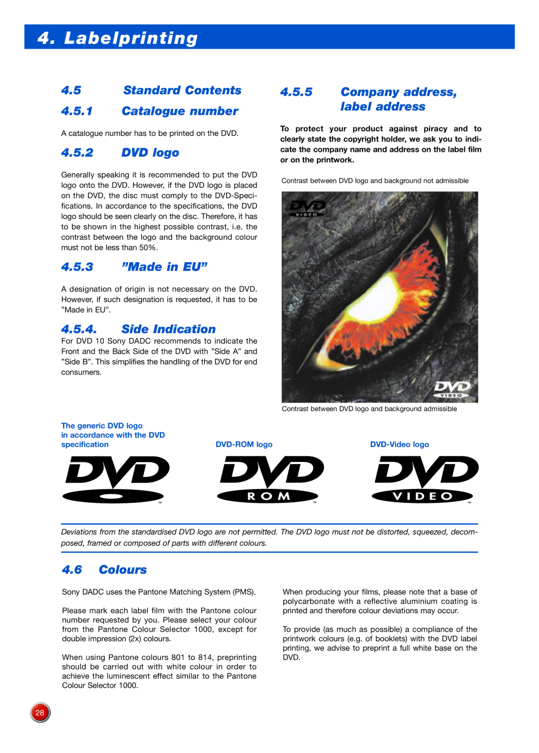 Sony DVD Rom/DVD Video manual Standard Contents Catalogue number, DVD logo, Made in EU, Side Indication, Colours 