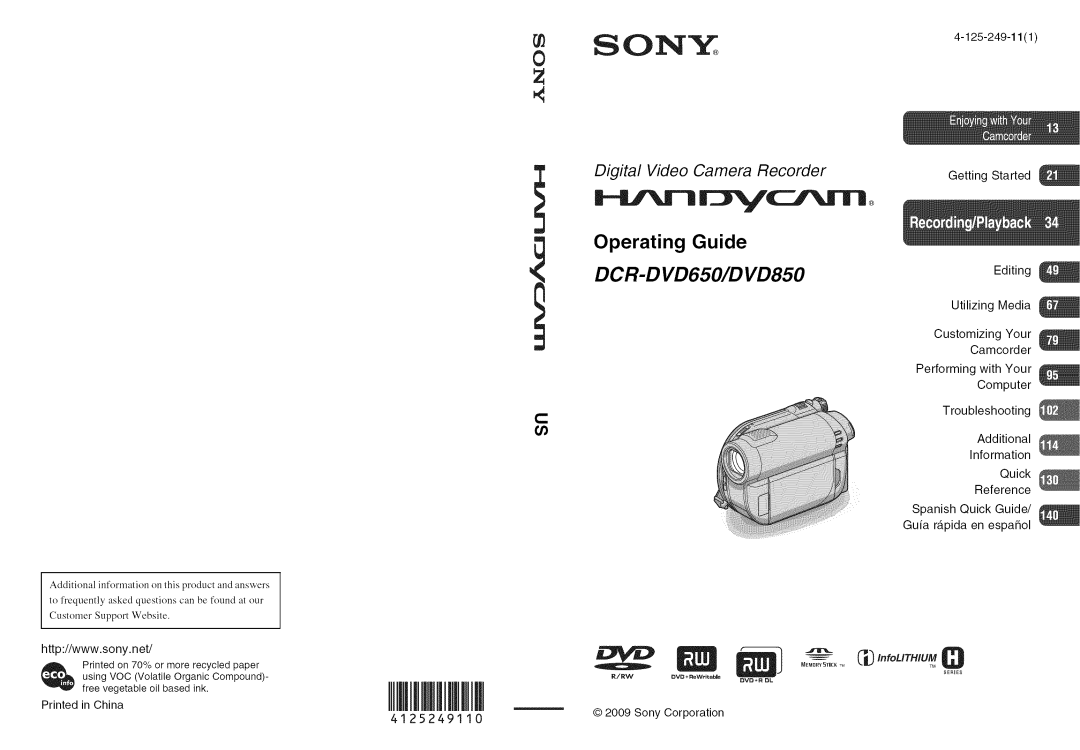 Sony DVD850 manual Getting Started, Sony Corporation 