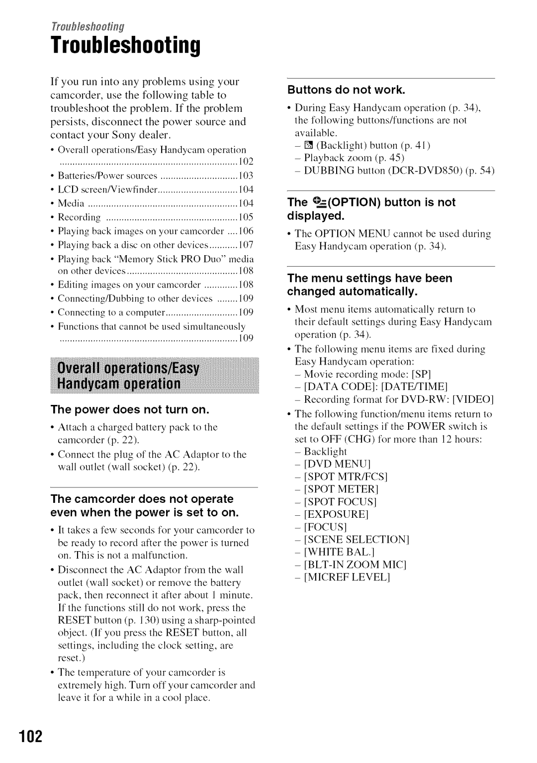 Sony DVD850 manual Troubleshooting, 102, O=.OPTION button is not displayed 