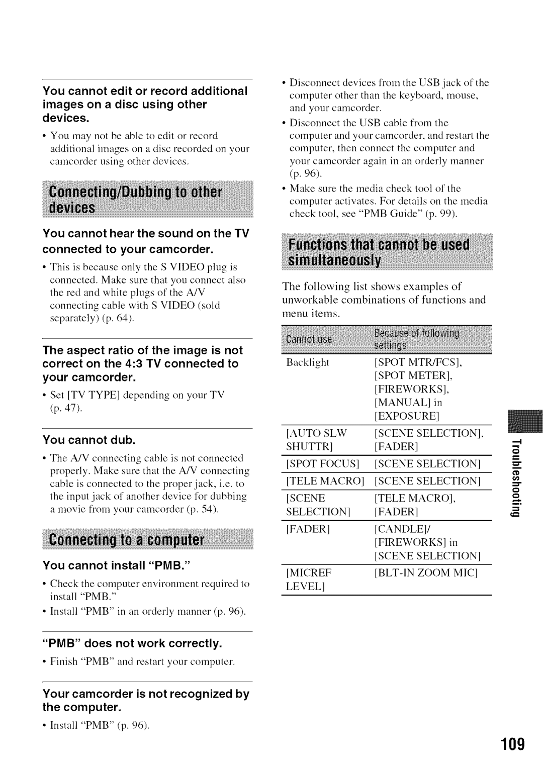 Sony DVD850 manual Set TV Type depending on your TV p, PMB does not work correctly, Finish PMB and restart your computer 