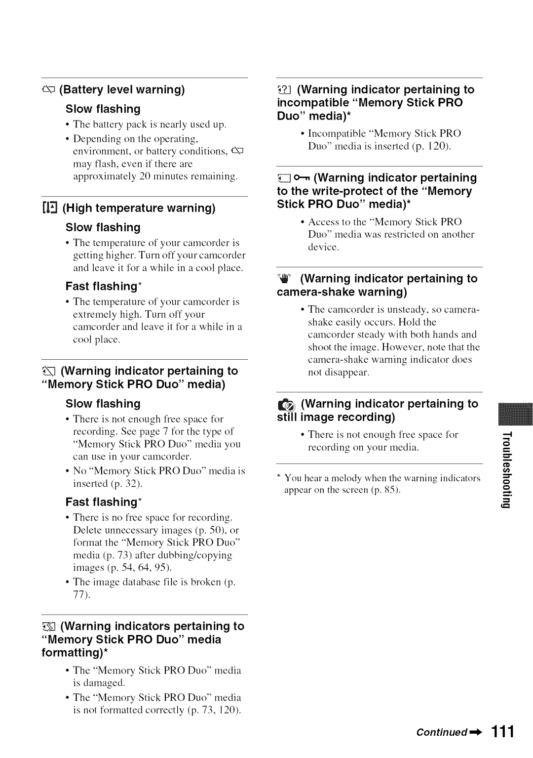 Sony DVD850 manual High temperature warning, Incompatible Memory Stick PRO Duo media is inserted p 