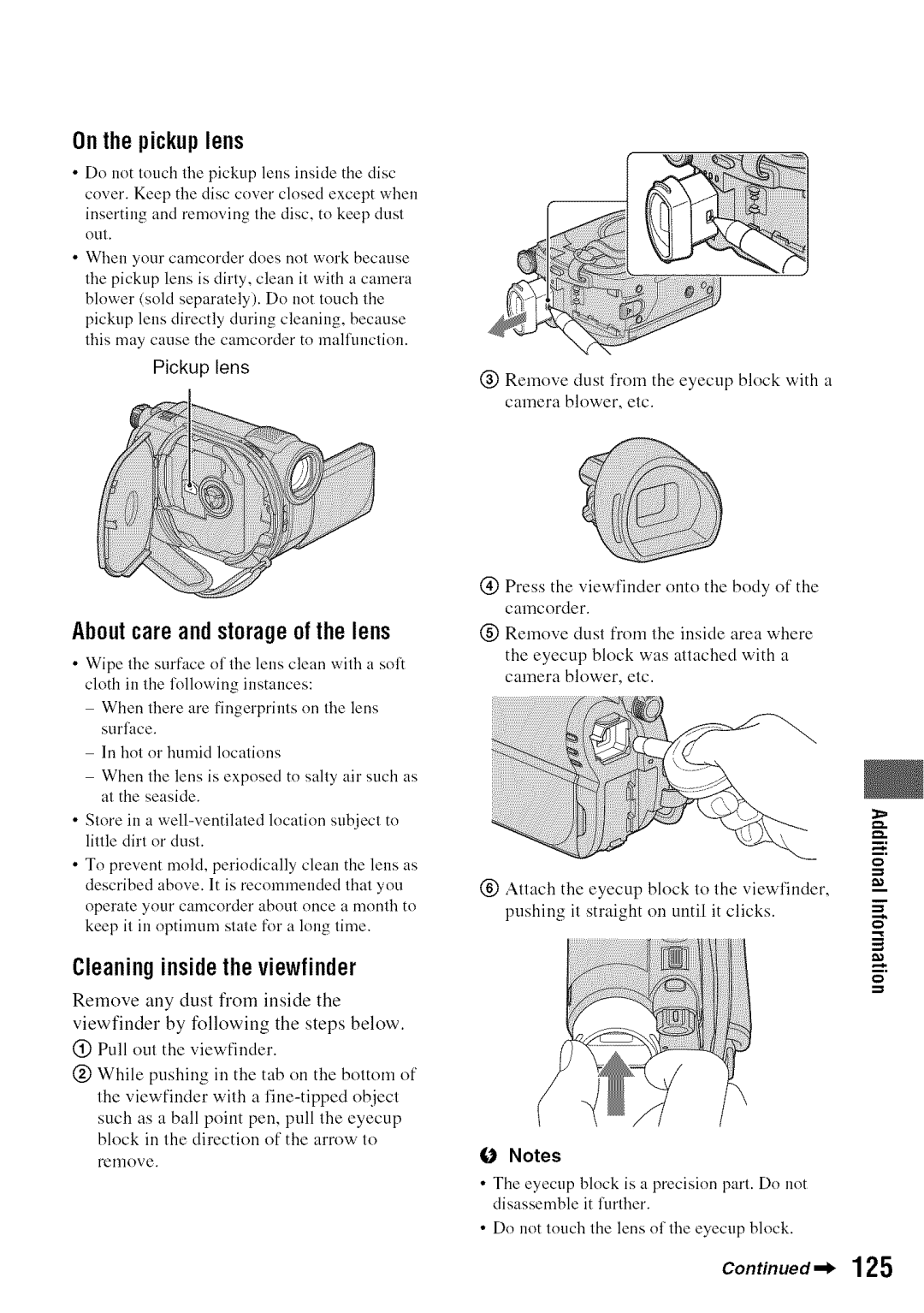 Sony DVD850 manual Onthepickup lens, Aboutcareandstorageof thelens, Cleaninginsidetheviewfinder, Pickup lens 