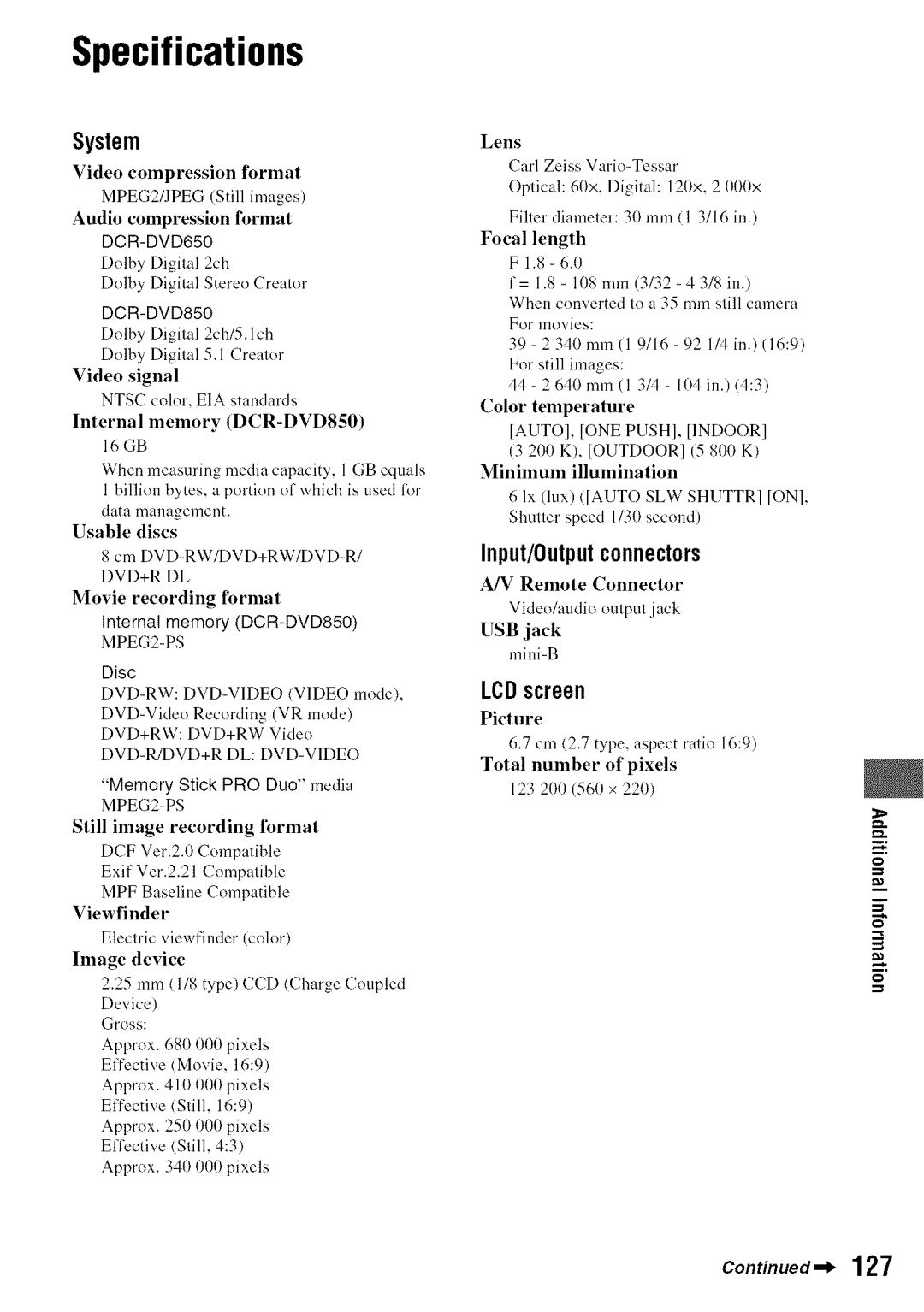 Sony manual Specifications, System, Input/Outputconnectors, Internal memory DCR-DVD850 