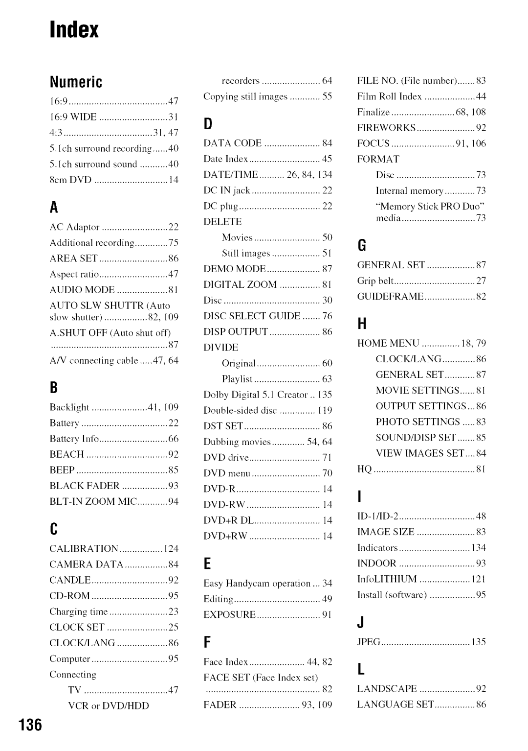 Sony DVD850 manual Index, 136 