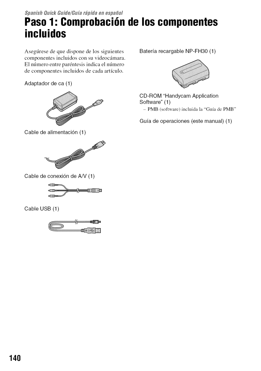 Sony DVD850 Paso1 ComprobaciGnde los componentes incluidos, 140, Spaflsh &tick Guide/GuirpHa e espaMI, Adaptador de ca 