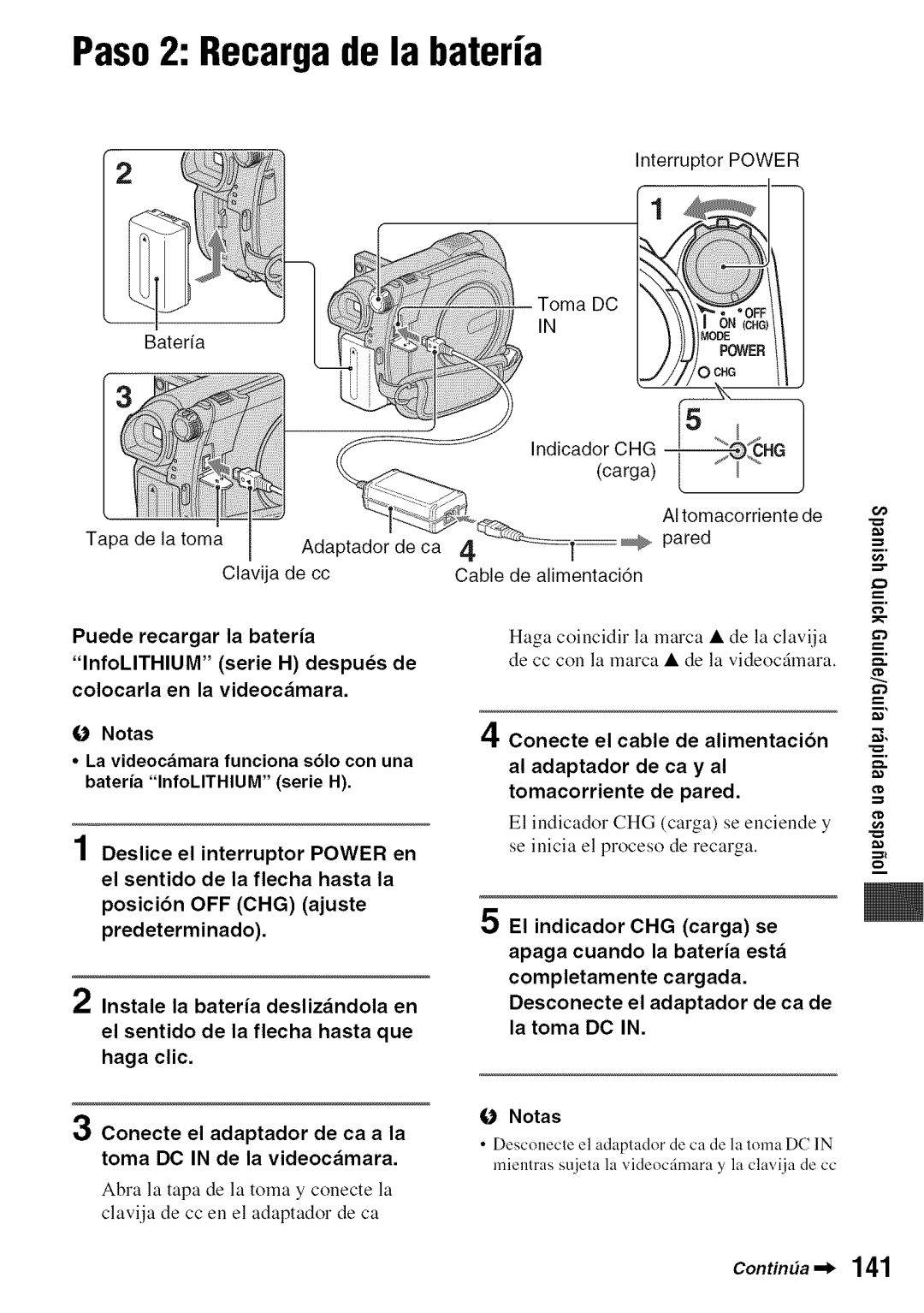 Sony DVD850 manual Paso2 Recargade la bateria, Toma DC, Tapa de la toma Adaptador de ca Clavija de cc, Notas 