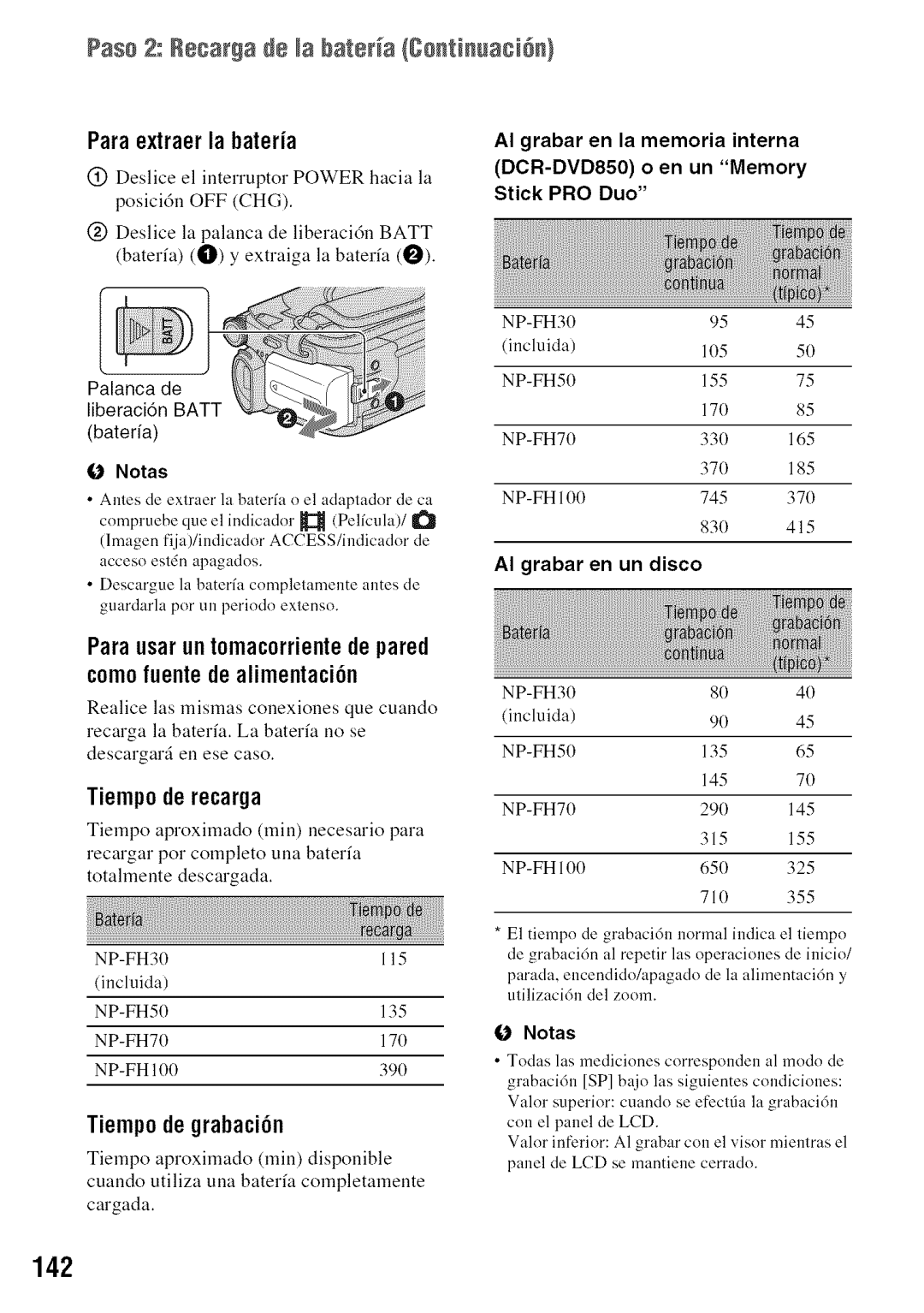 Sony DVD850 manual Paraextraerla bateria, Tiempoderecarga, Tiempodegrabaci0n, 142 