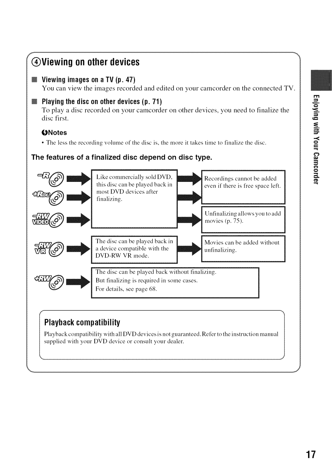 Sony DVD850 manual Playbackcompatibility, Viewing images on a TV p, Playing the disc on other devices p, ONotes 