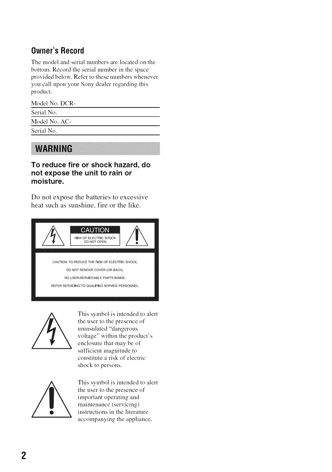 Sony DVD850 manual OwnersRecord 