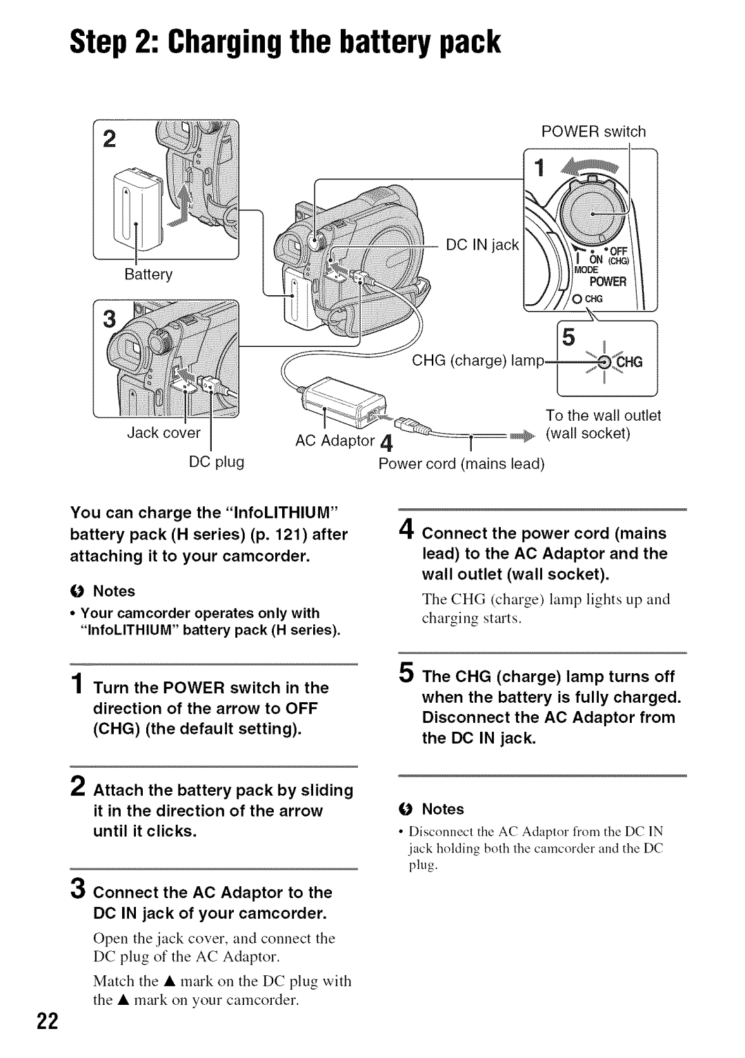 Sony DVD850 Chargingthe batterypack, CHGcharge Lamp5--5 To the wall outlet, Wall socket, AC Adaptor, Power cord mains Lead 