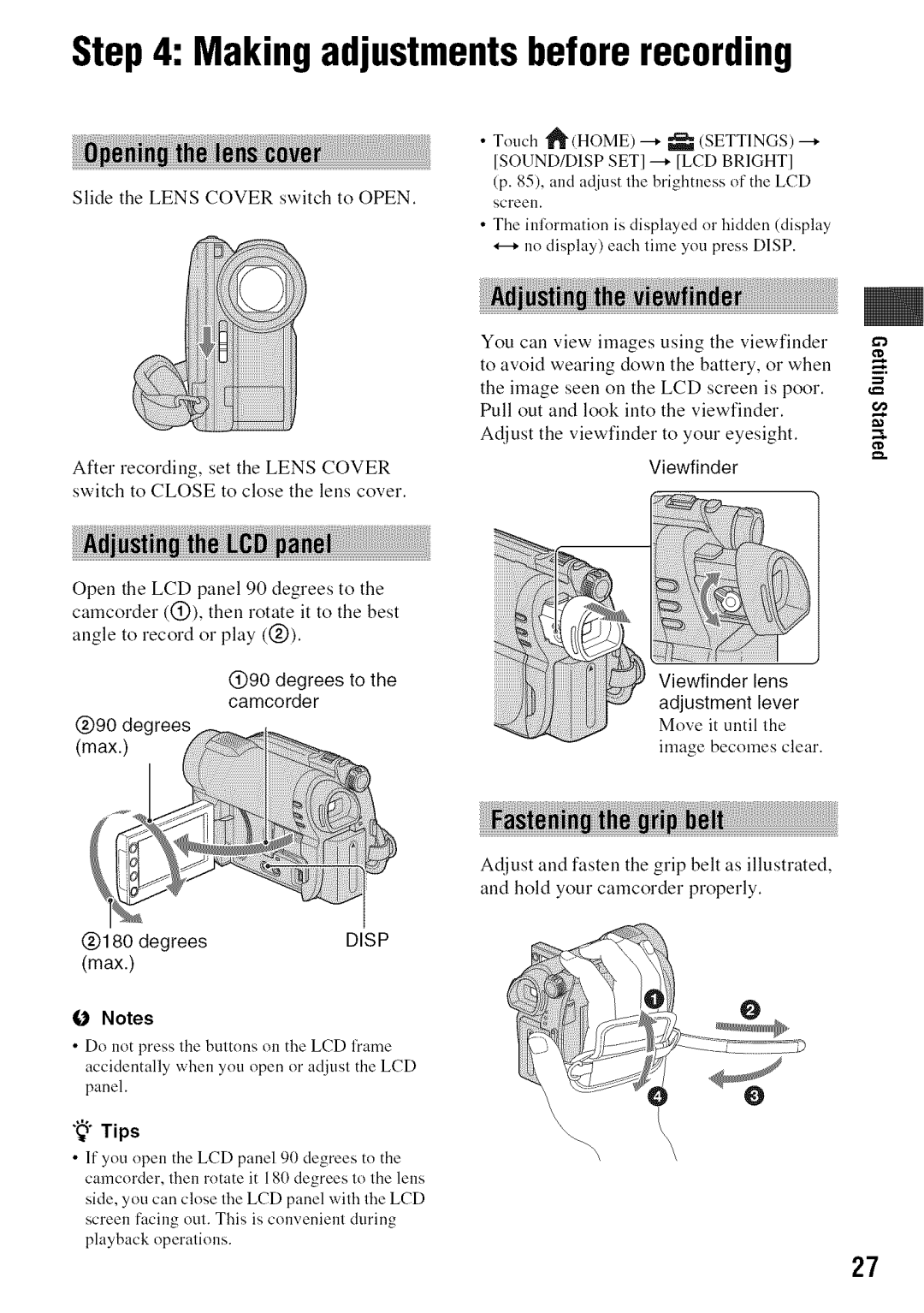 Sony DVD850 manual Making adjustmentsbefore recording, Lcd, Viewfinder, @180 degrees, Max 