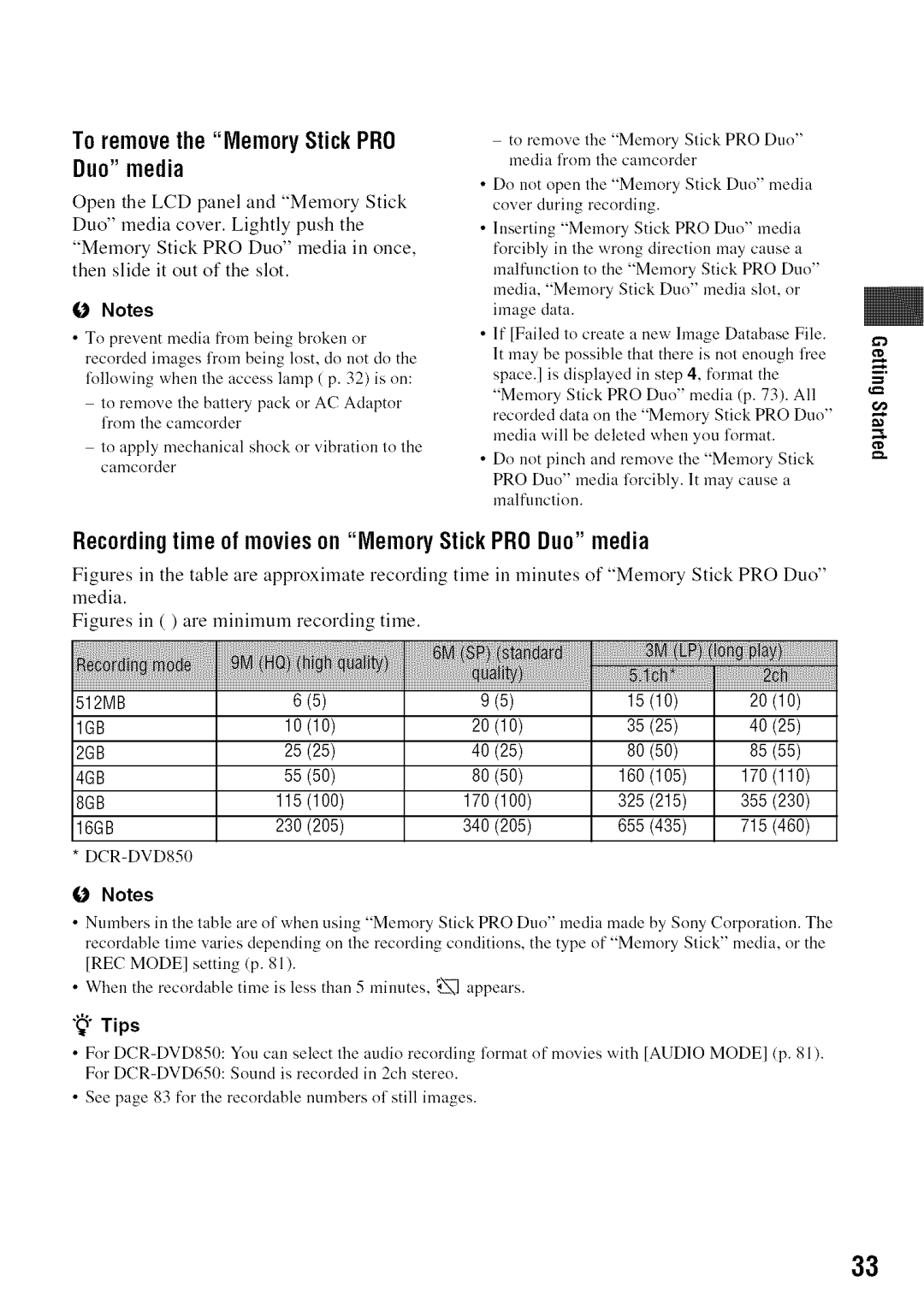 Sony DVD850 manual To removethe MemoryStickPRO, Recordingtime of movieson MemoryStickPRODuomedia 