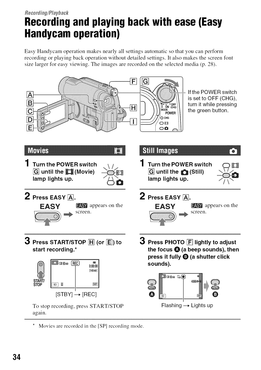 Sony DVD850 manual Recordingand playingback with ease Easy Handycamoperation, Turn the Power switch, Press, Start/Stop 