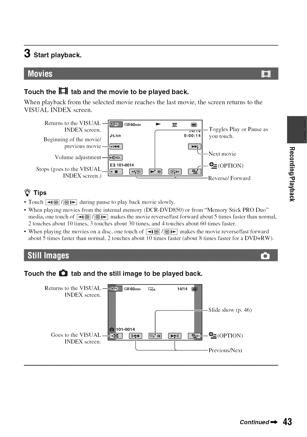 Sony DVD850 Start Playback, Touch the tab and the still image to be played back, Touch Tab Movie To be Played Back, Oo14 