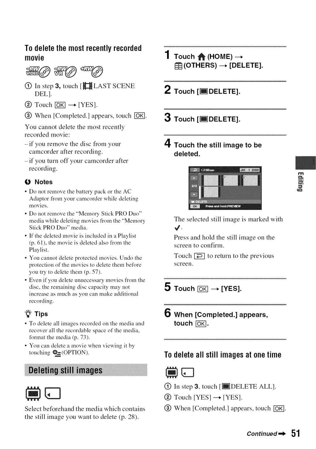 Sony DVD850 manual To deleteall still imagesat onetime, Touch l Home, Others --* Delete 