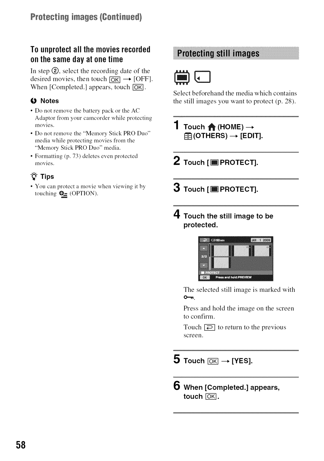 Sony DVD850 manual ?r0tectng images, Touch --* YES When Completed. appears, touch FGffl 