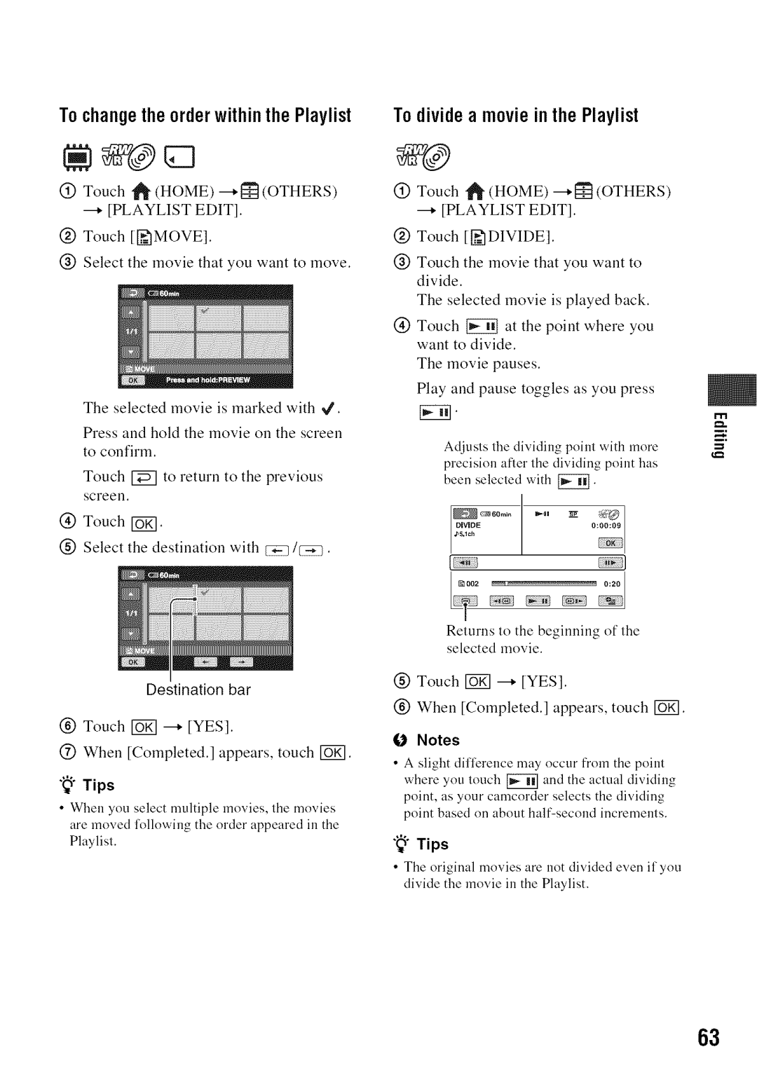 Sony DVD850 manual TochangetheorderwithinthePlaylist, To dividea movieinthe Playlist, + Playlist Edit, Destination bar 