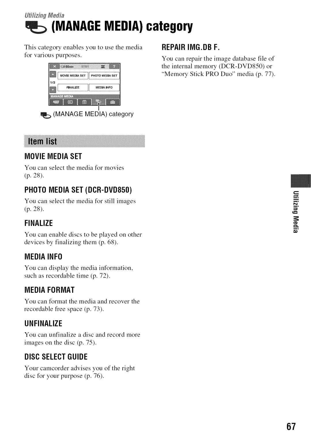 Sony DVD850 manual MANAGEMEDIAcategory 