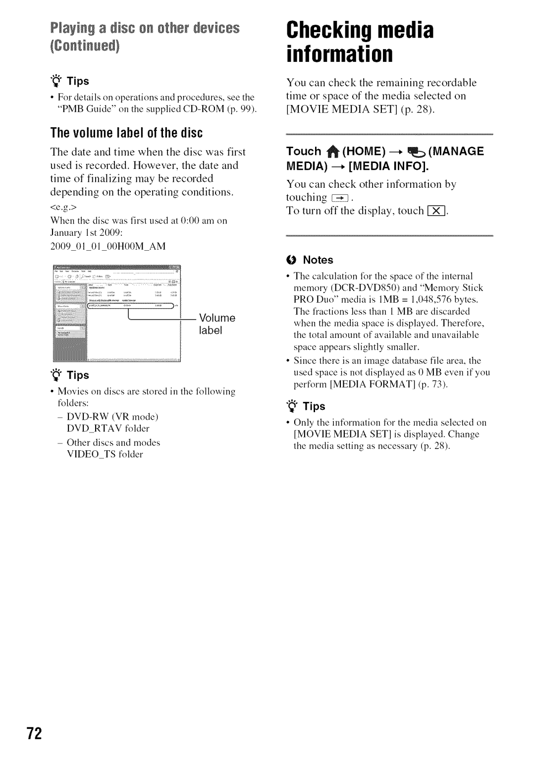 Sony DVD850 manual Checkingmedia, Thevolumelabel ofthe disc, Touch Home --* Manage, Media --* Media Info 