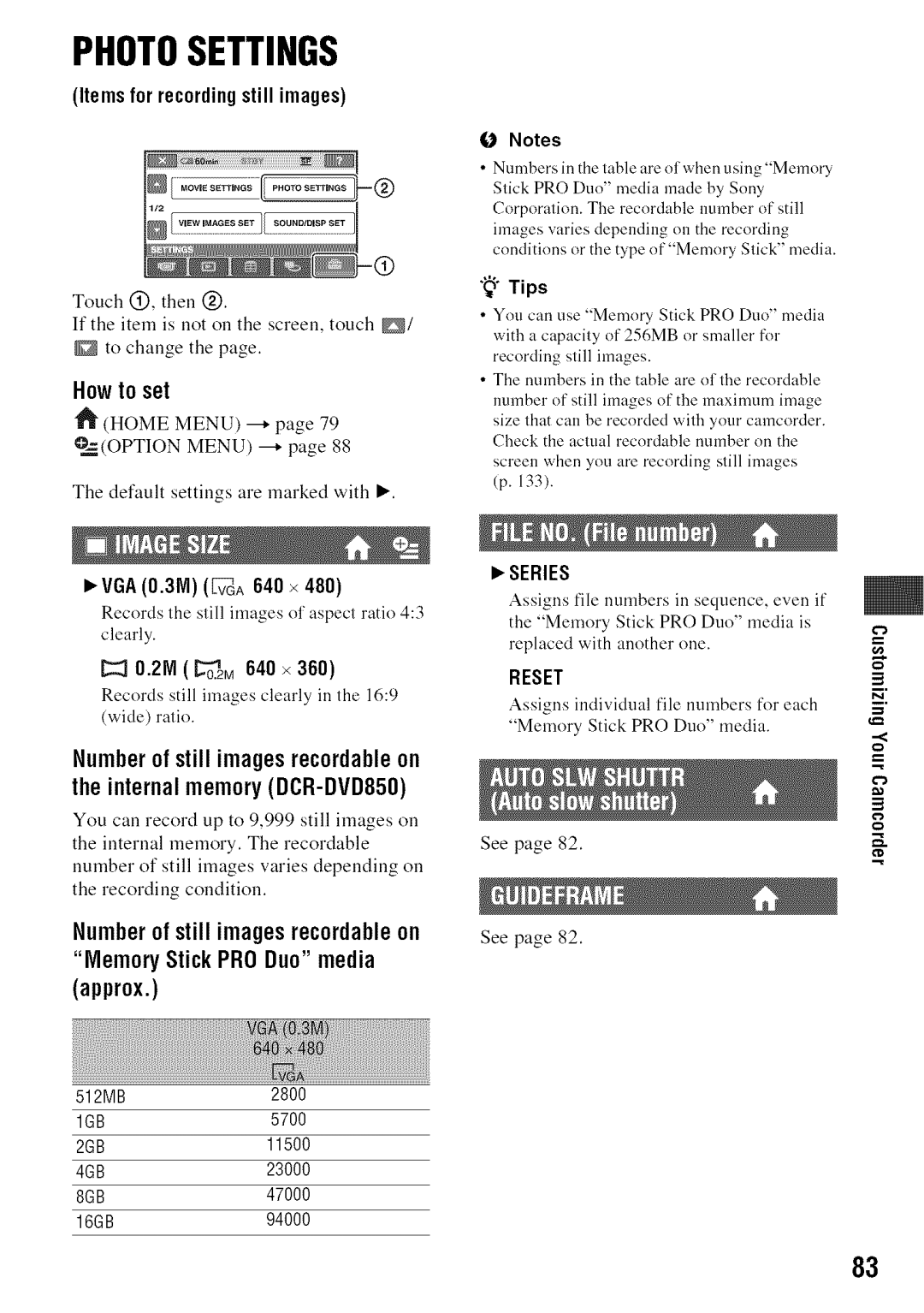 Sony DVD850 manual Items for recordingstill images, VGA 0.31VI vFwA 640 ×, 21 O.2M640 × 