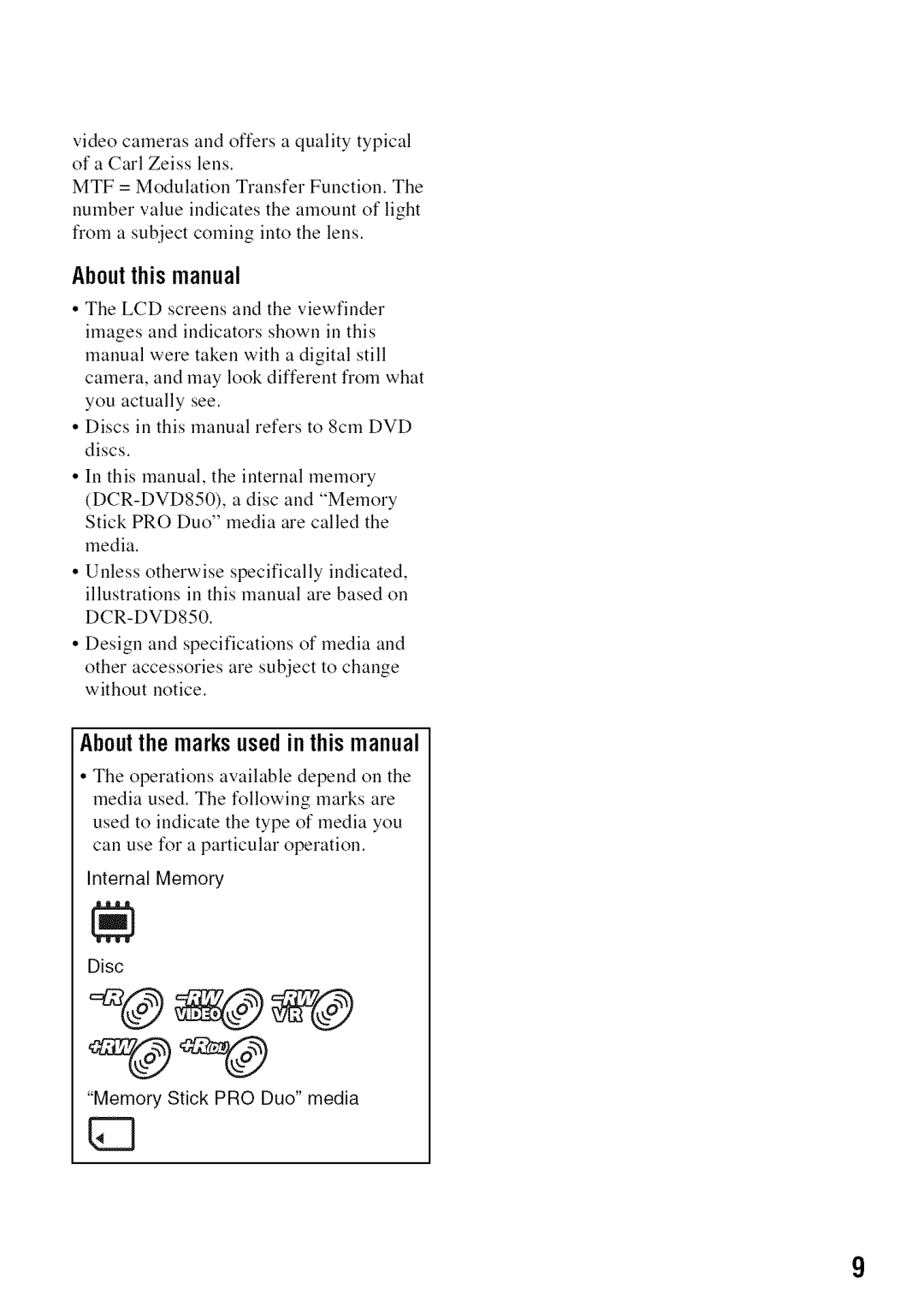 Sony DVD850 Aboutthismanual, Aboutthemarksusedinthis manual, Internal Memory Disc 