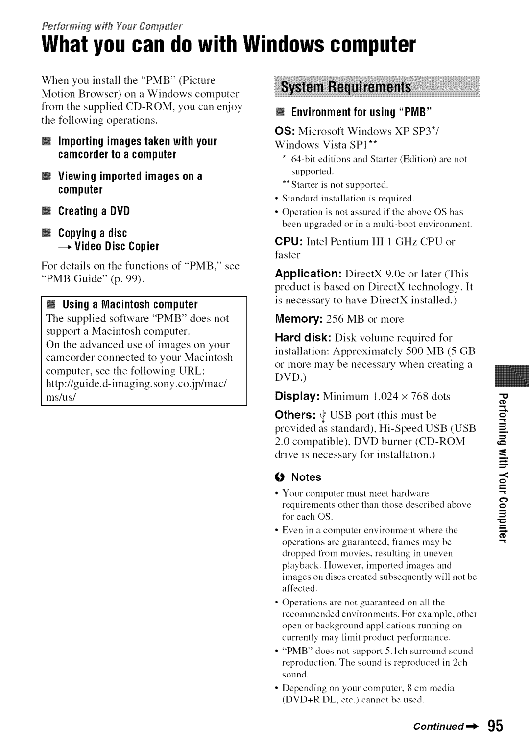 Sony DVD850 manual What youcan do with Windowscomputer, For details on the functions of PMB, see PMB Guide p 