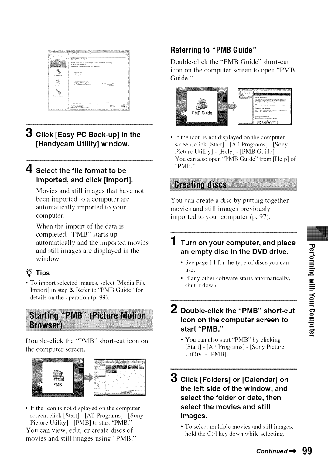 Sony DVD850 manual Referringto PIVIBGuide, Click Folders or Calendar on, Click Easy PC Back-up Handycam Utility window 