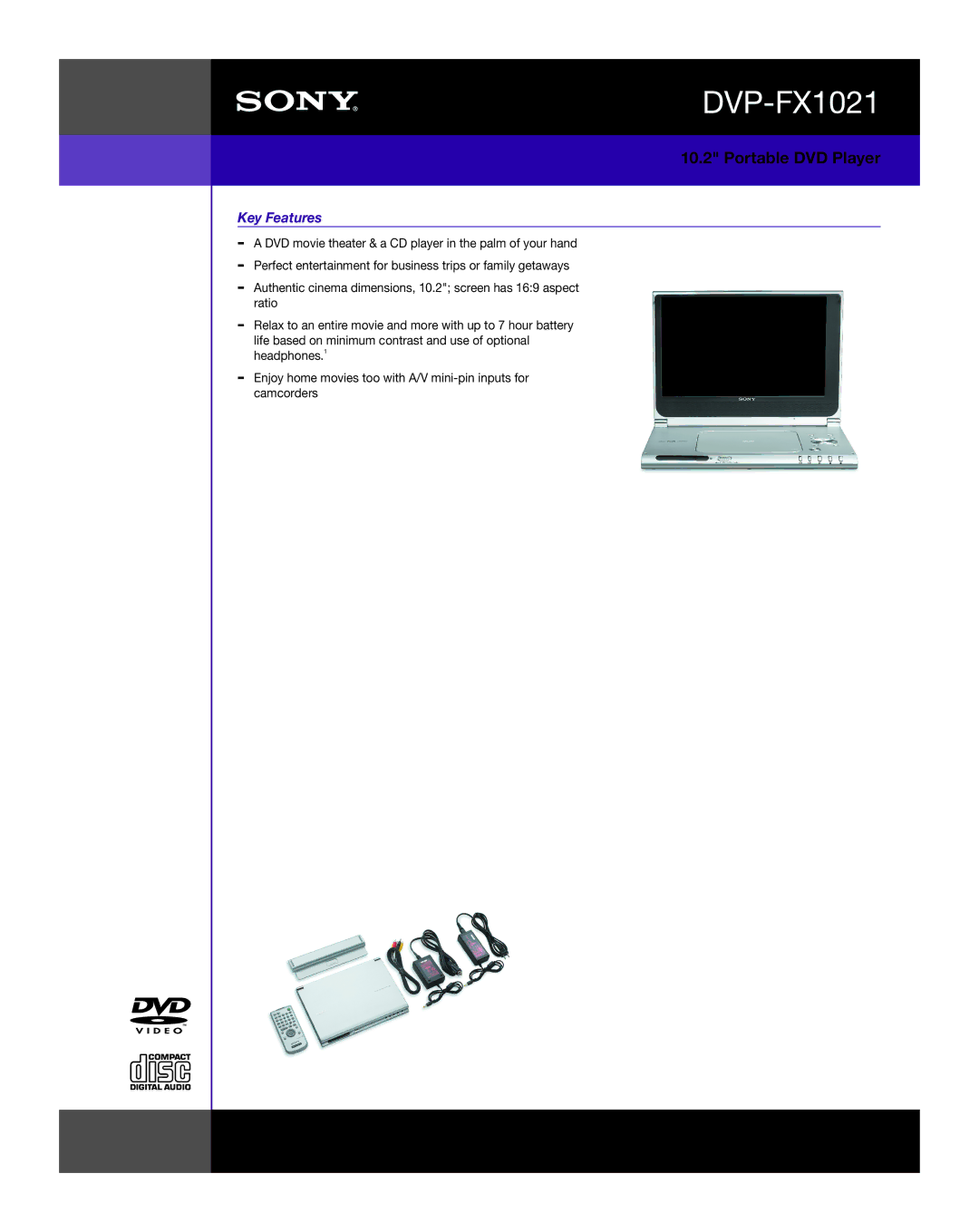 Sony DVP-FX1021 dimensions Portable DVD Player, Key Features 