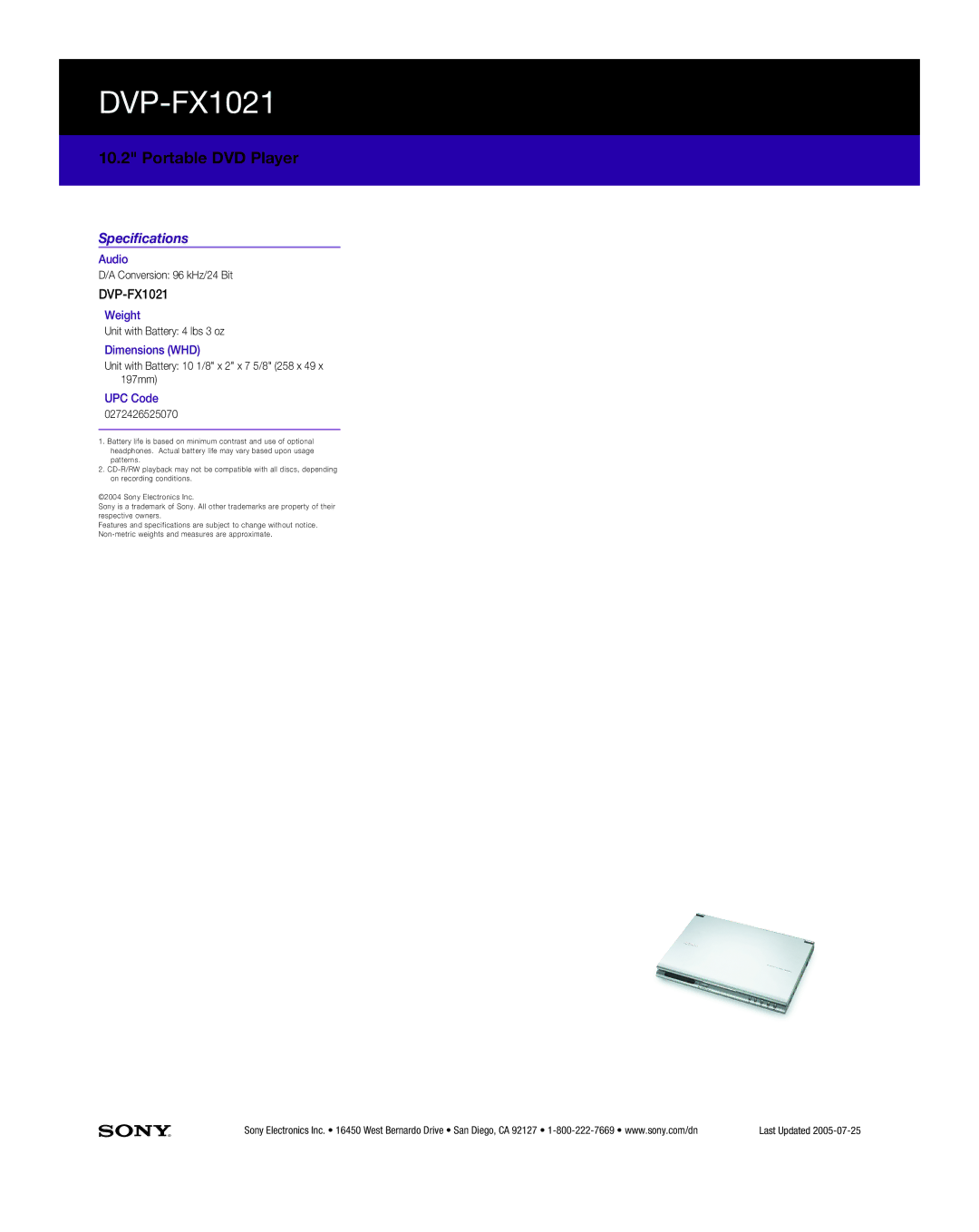 Sony DVP-FX1021 dimensions Specifications 