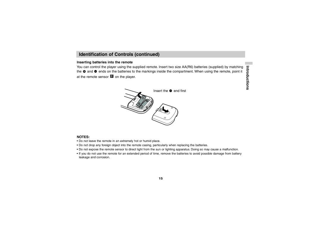 Sony DVP-FX701 operating instructions Inserting batteries into the remote 