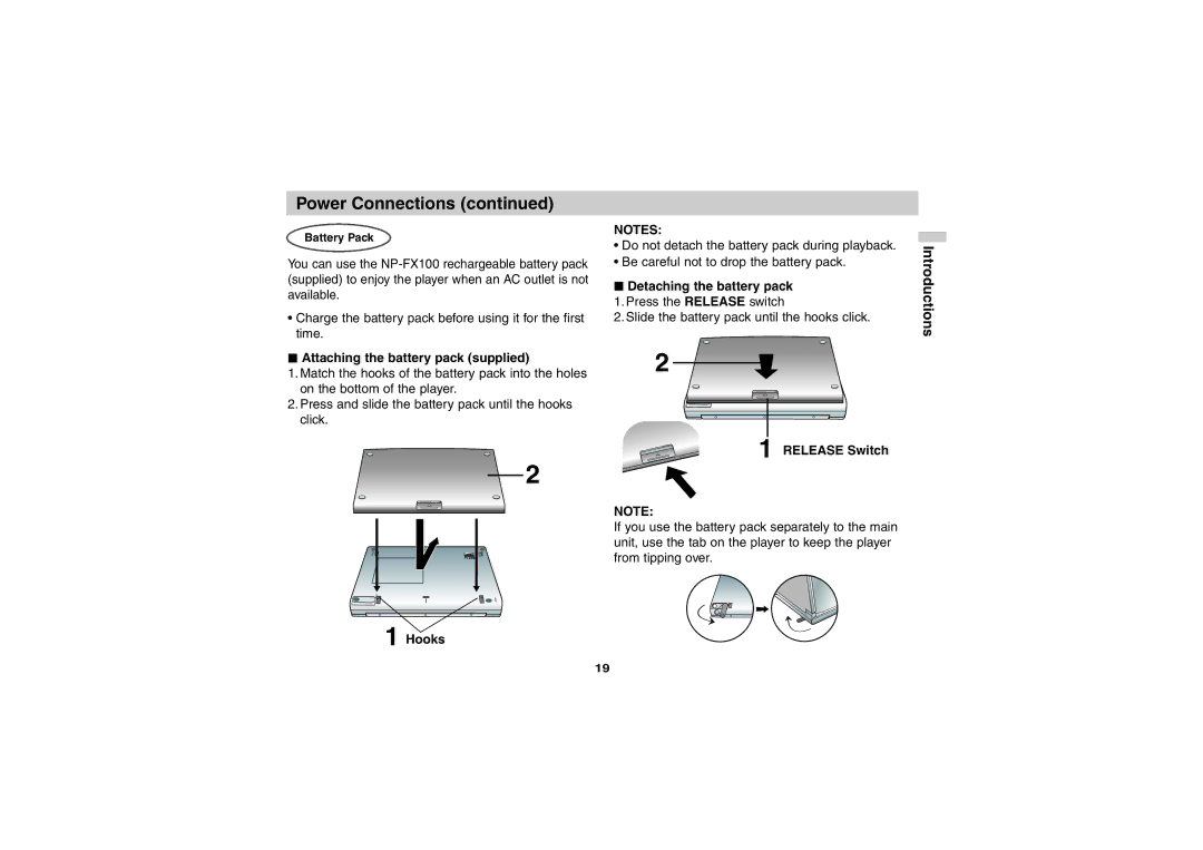 Sony DVP-FX701 Attaching the battery pack supplied, Hooks, Detaching the battery pack, Release Switch, Battery Pack 
