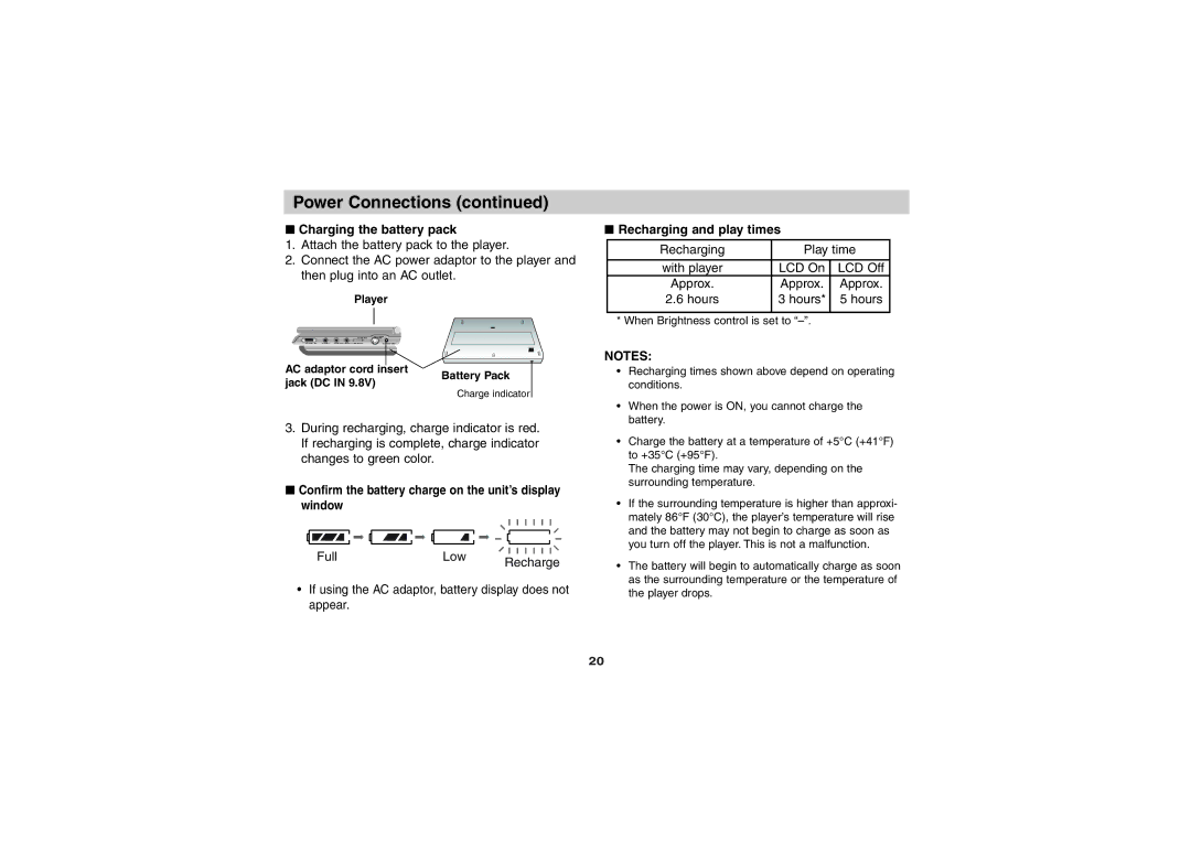 Sony DVP-FX701 operating instructions Charging the battery pack, Recharging and play times, Player, Jack DC 