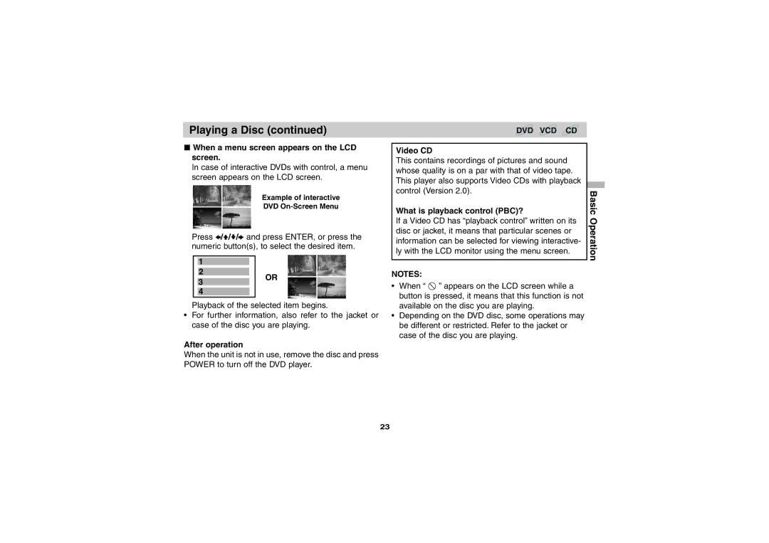 Sony DVP-FX701 Basic Operation, When a menu screen appears on the LCD screen, After operation, Video CD 