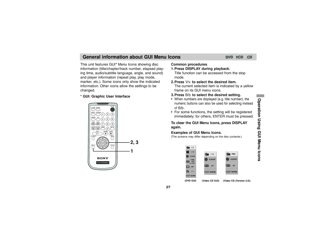 Sony DVP-FX701 operating instructions General information about GUI Menu lcons, Operation 