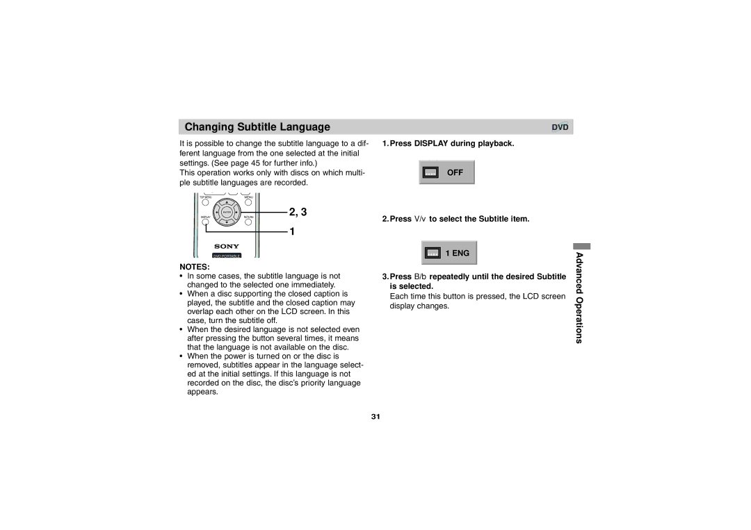 Sony DVP-FX701 operating instructions Changing Subtitle Language, Press V/v to select the Subtitle item, Display changes 