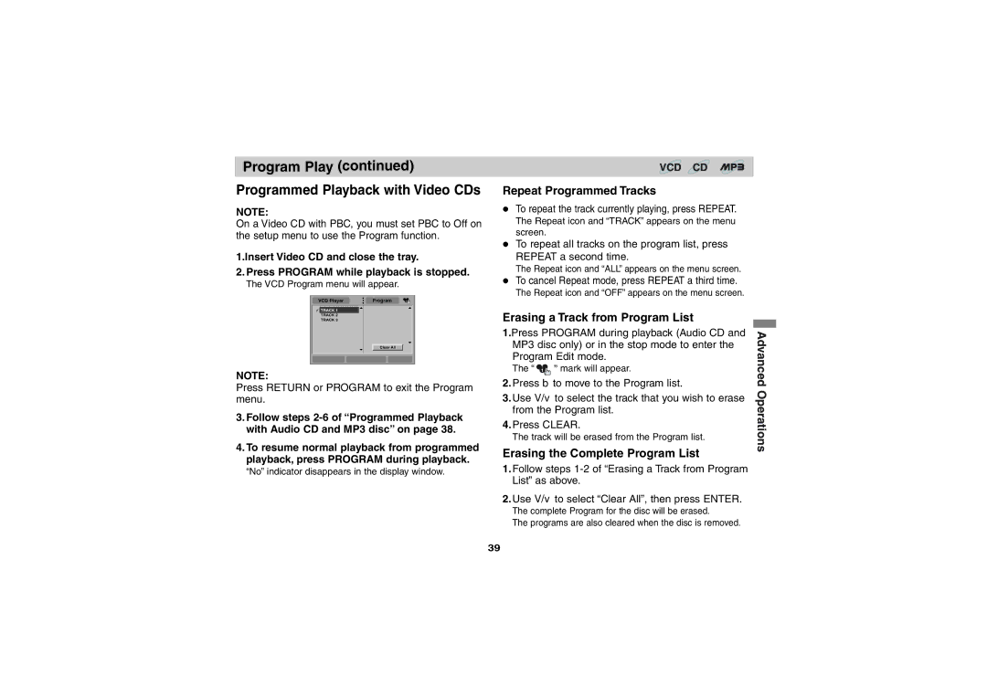 Sony DVP-FX701 Program Play Programmed Playback with Video CDs, Repeat Programmed Tracks, Advanced Operations 