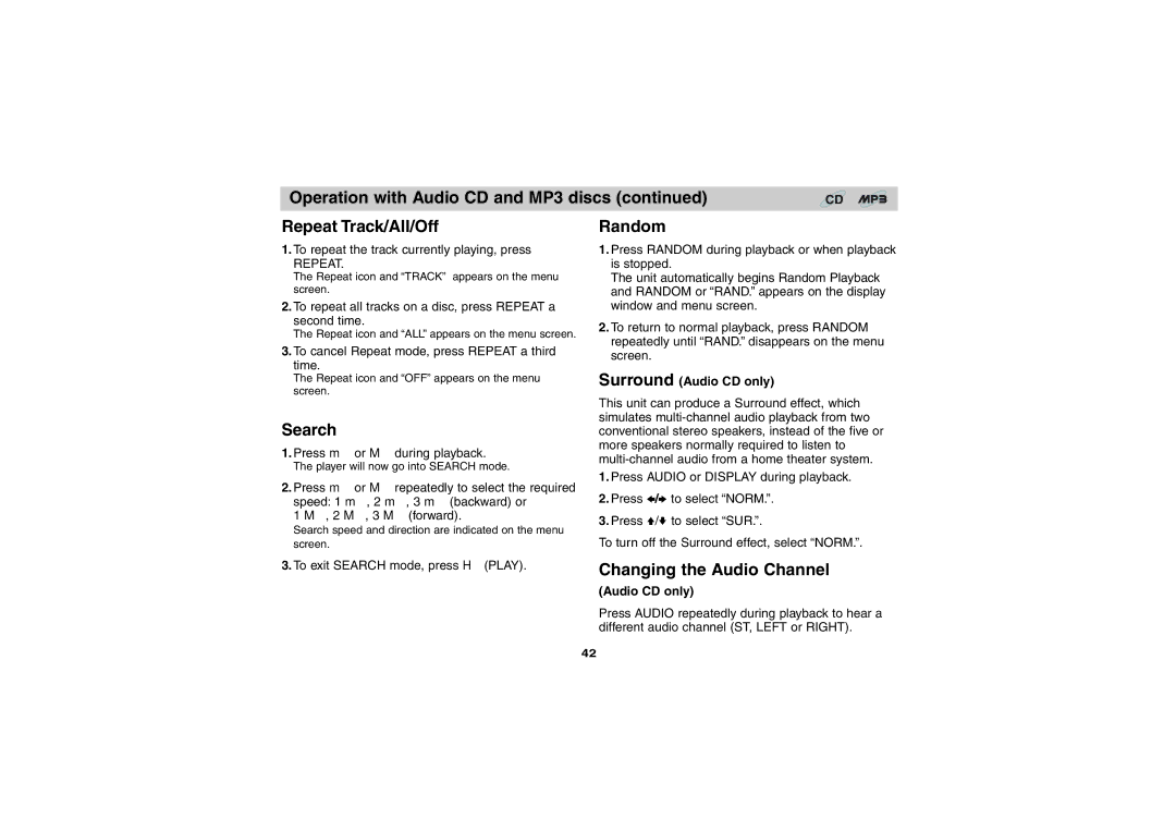 Sony DVP-FX701 Operation with Audio CD and MP3 discs Repeat Track/All/Off, Search, Random, Changing the Audio Channel 