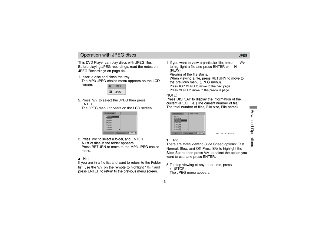 Sony DVP-FX701 operating instructions Operation with Jpeg discs, Screen, Press V/v to select the Jpeg then press 