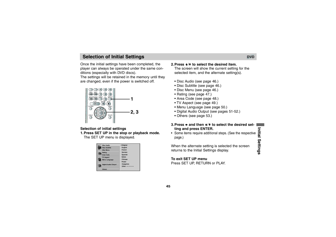 Sony DVP-FX701 operating instructions Selection of Initial Settings, To exit SET UP menu 