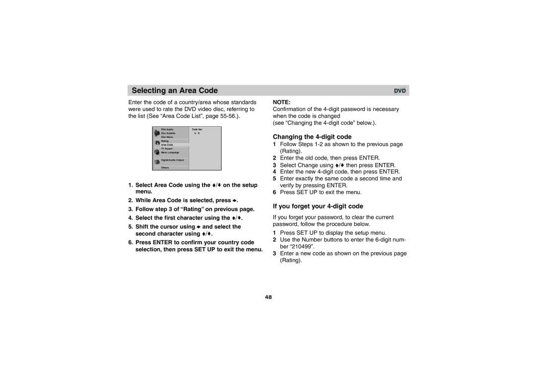 Sony DVP-FX701 operating instructions Selecting an Area Code, Changing the 4-digit code, If you forget your 4-digit code 