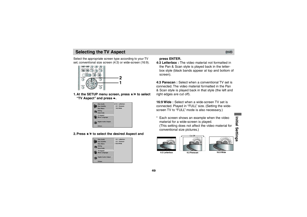 Sony DVP-FX701 operating instructions Selecting the TV Aspect, Initial, Press Enter, Press V/v to select the desired Aspect 